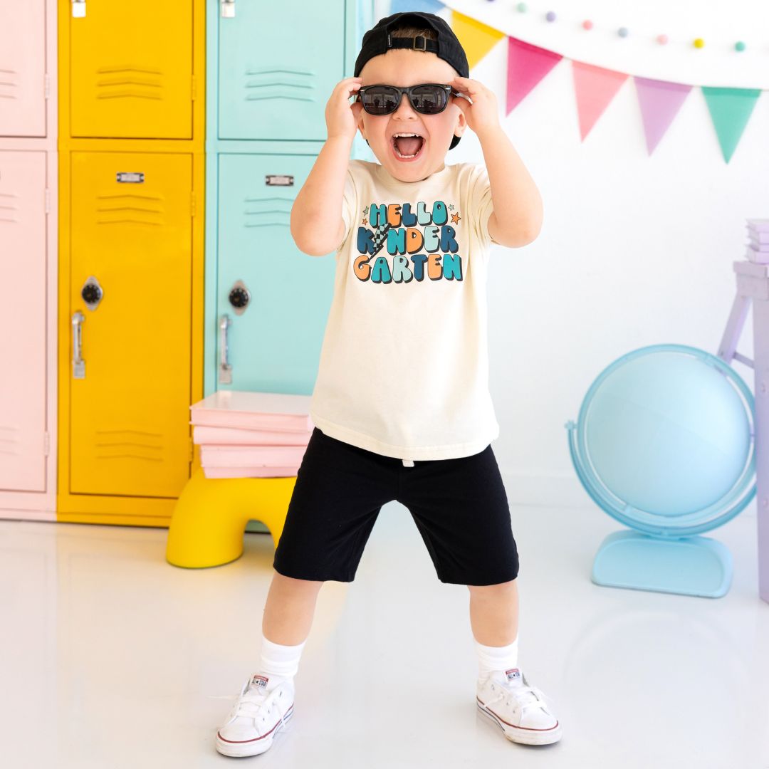 Model Wearing Sweet Wink Hello Kindergarten Short Sleeve T-Shirt - Natural