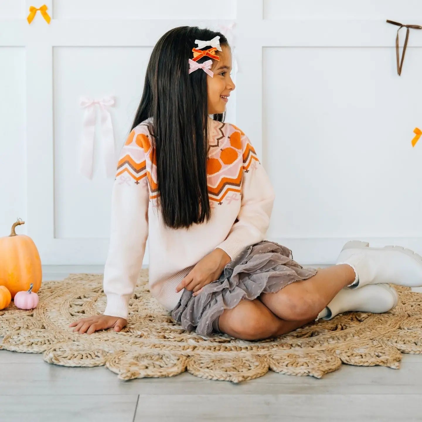 Model Wearing Sweet Wink Mini Velvet Bow Clip Set - Kids Hair Accessories - Hair Bows