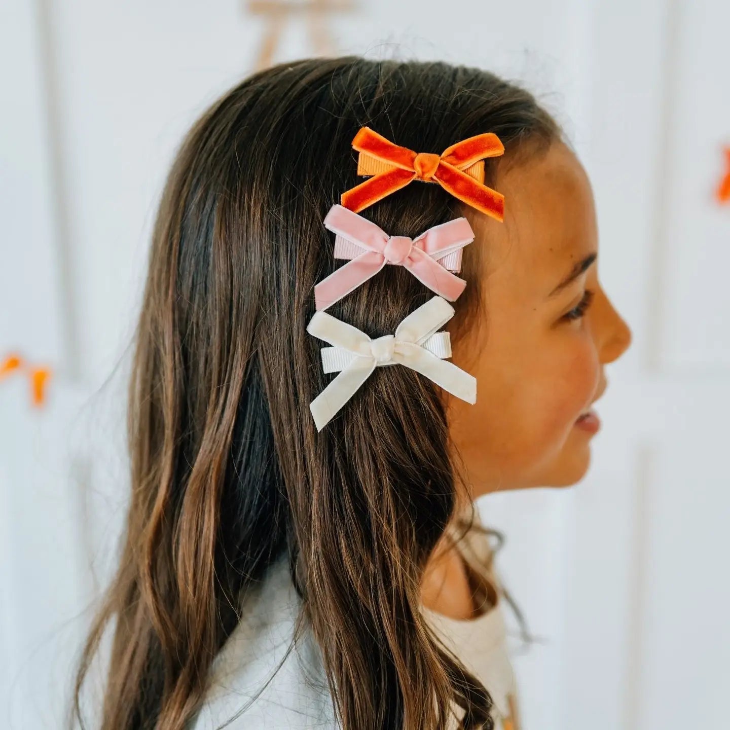 Model Wearing Sweet Wink Mini Velvet Bow Clip Set - Kids Hair Accessories - Hair Bows