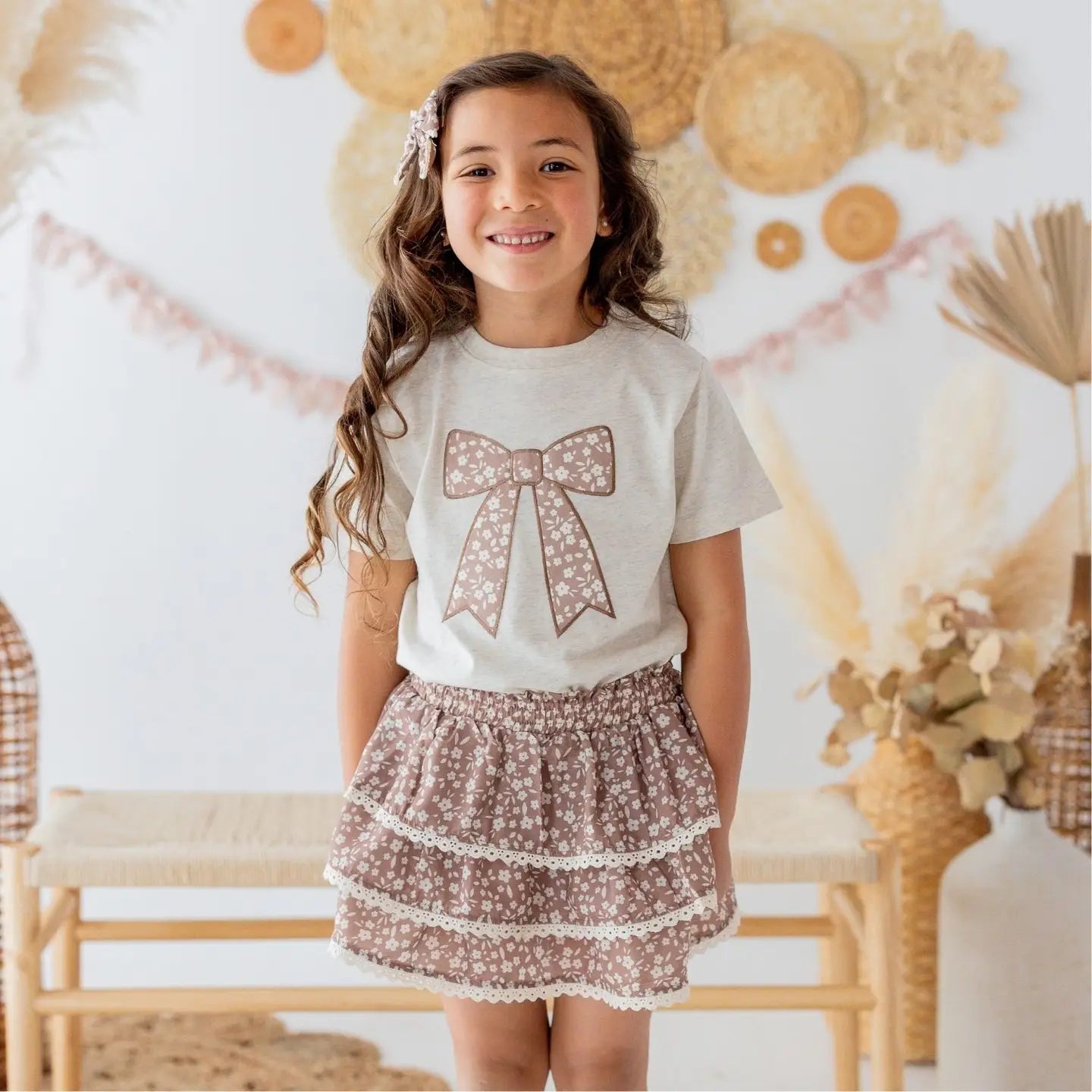 Model Wearing Sweet Wink Mocha Floral Bow Patch Short Sleeve T-Shirt - Kids Clothing