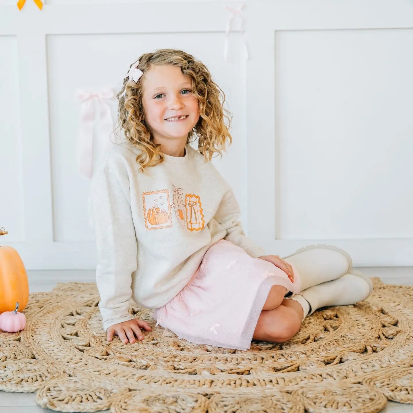 Model Wearing Sweet Wink Pumpkin Embroidered Bow Clip - Hair Bows - Hair Accessories