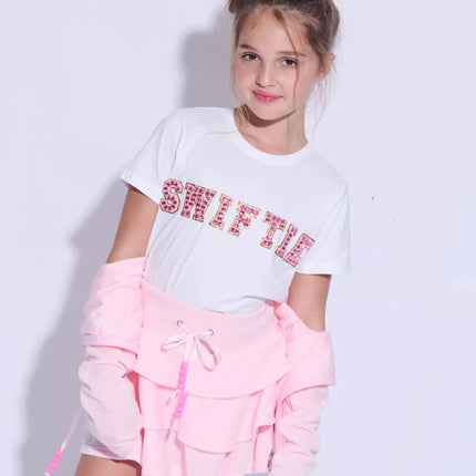 Model Wearing Lola and the Boys Pink Crystal Swiftie T-shirt