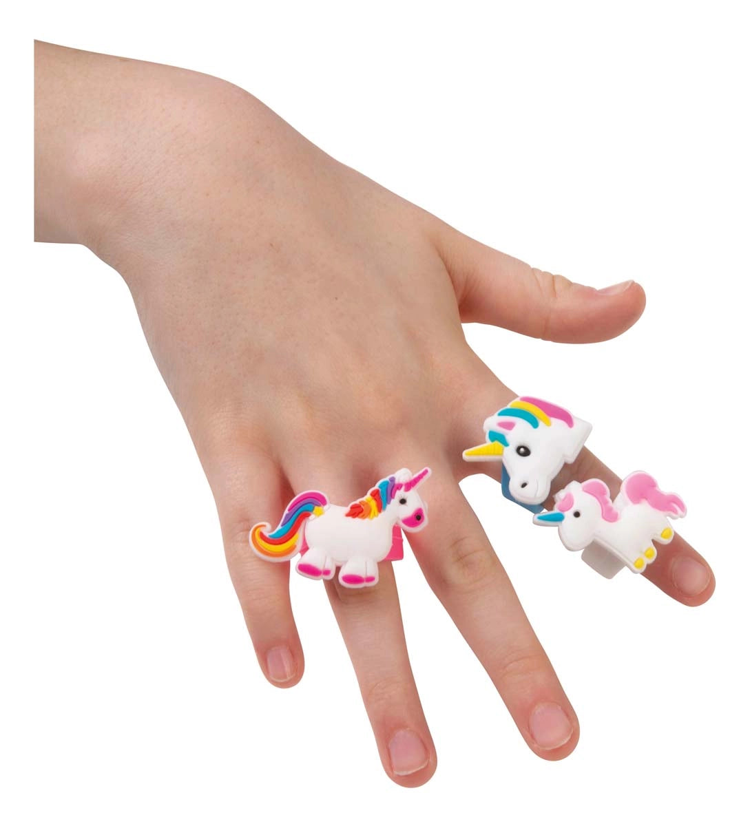 Hand wearing 3 magical unicorn rings assorted styles