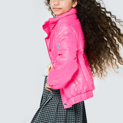 Neon Pink Faux Leather Puffy Jacket