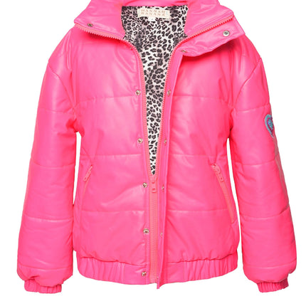 Neon Pink Faux Leather Puffy Jacket