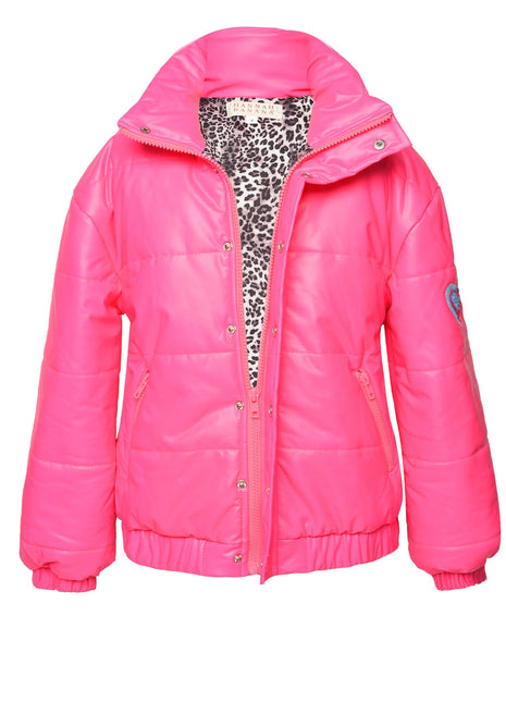 Neon Pink Faux Leather Puffy Jacket