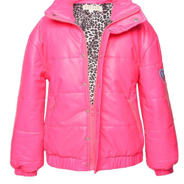 Neon Pink Faux Leather Puffy Jacket