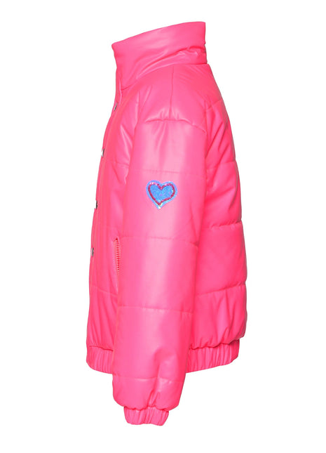 Neon Pink Faux Leather Puffy Jacket