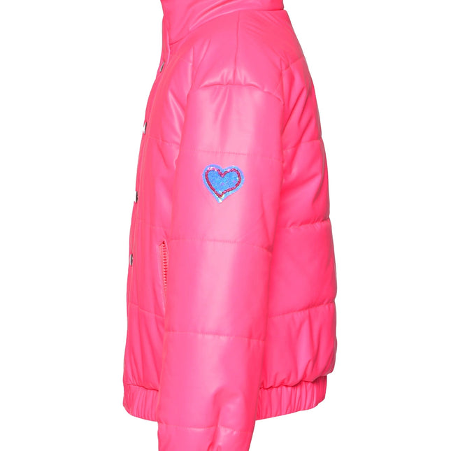 Neon Pink Faux Leather Puffy Jacket