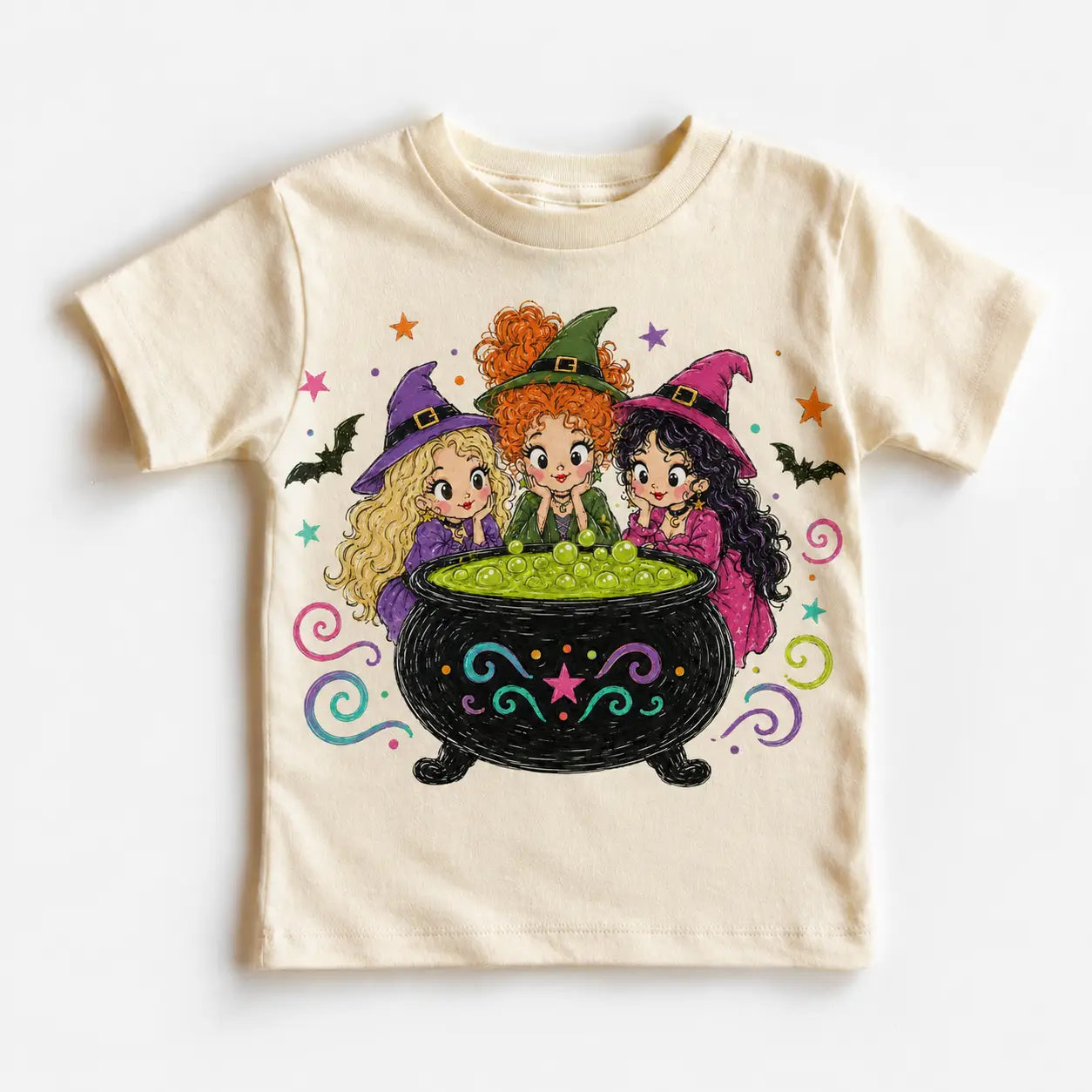 Madi Moosh Kids Halloween Three Witches Cauldron Graphic Tee – Cute Spooky Witch Shirt