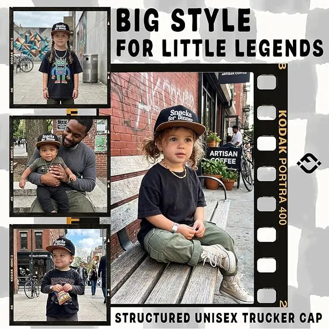Model Wearing Funky Junque Kids Flat Brim Hat: Snacks For Dinner- Black/Faux Leather