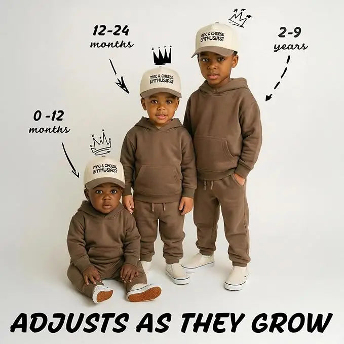 Model Wearing Funky Junque Kids/Baby 2-Tone Cap: Mac & Cheese Enthusiast - Khaki/Beige