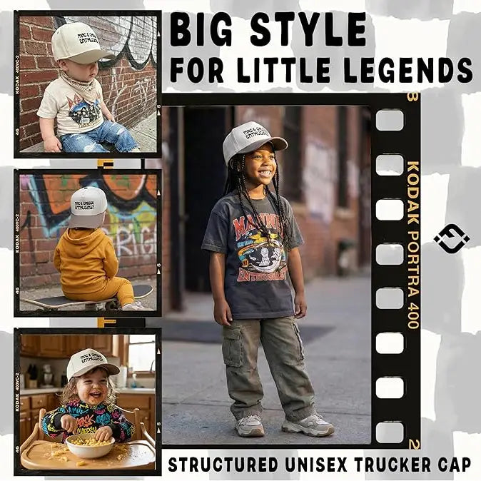Model Wearing Funky Junque Kids/Baby 2-Tone Cap: Mac & Cheese Enthusiast - Khaki/Beige