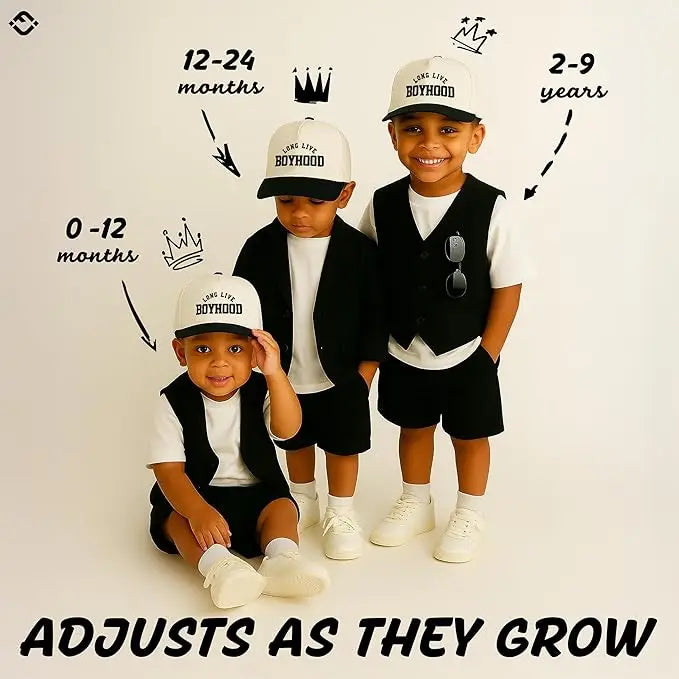 Model Wearing Funky Junque Kids/Baby Two Tone Cap - Long Live Boyhood - Black/Beige