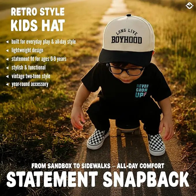 Model Wearing Funky Junque Kids/Baby Two Tone Cap - Long Live Boyhood - Black/Beige