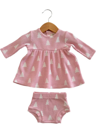 SpearmintLOVE Organic Waffle Simple Dress & Bloomer, Pink Christmas Trees