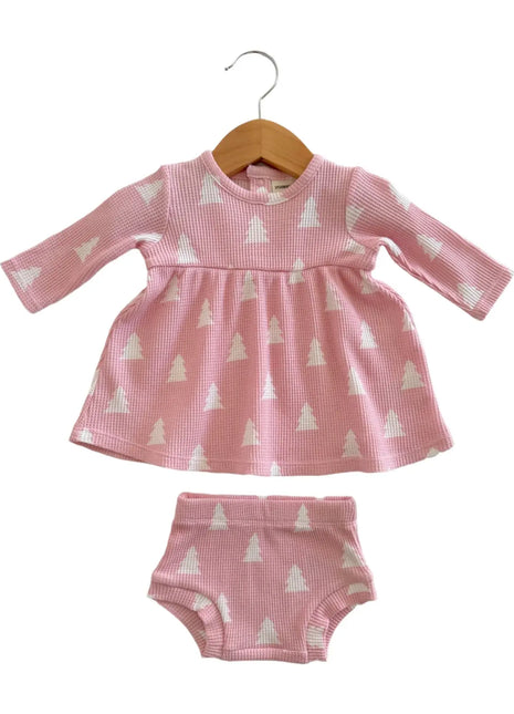 SpearmintLOVE Organic Waffle Simple Dress & Bloomer, Pink Christmas Trees