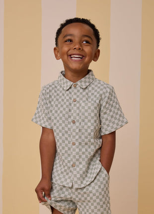 Model Wearing Rylee + Cru Collared Short Sleeve Shirt || Sage Check