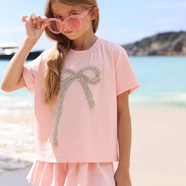 Model Wearing Lola And The Boys Pink Crystal Bow Short Set