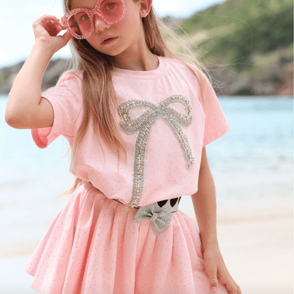 Model Wearing Lola And The Boys Pink Crystal Bow Short Set