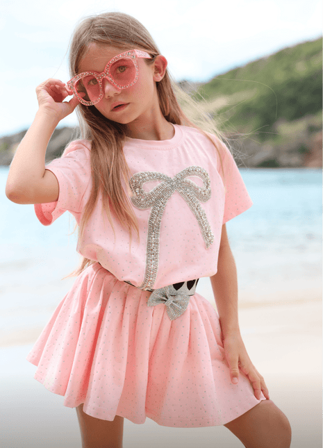 Model Wearing Lola And The Boys Pink Crystal Bow Short Set