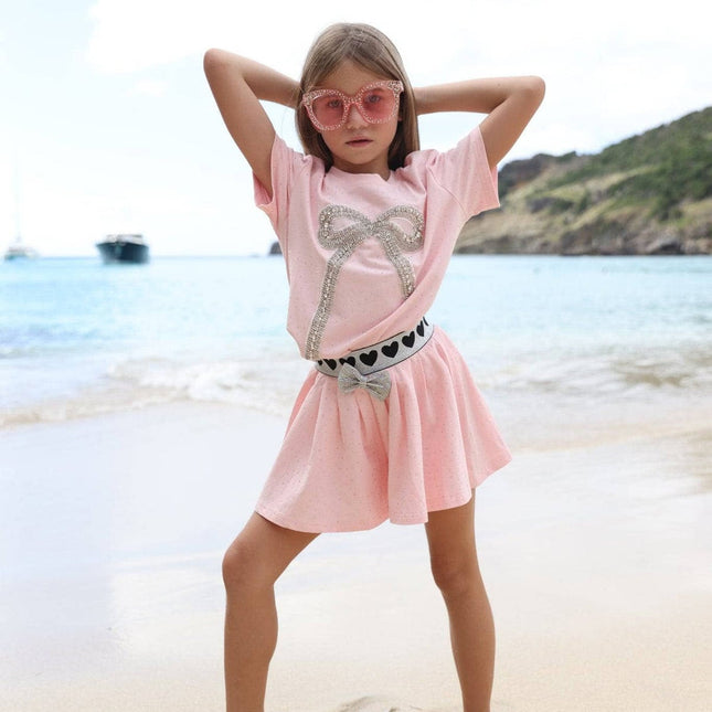 Model Wearing Lola And The Boys Pink Crystal Bow Short Set