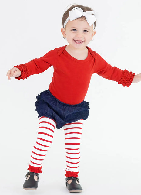Girls wearing Rufflebutts + Ruggedbutts Girls Red & White Stripe Patterned Footless Ruffle Tights