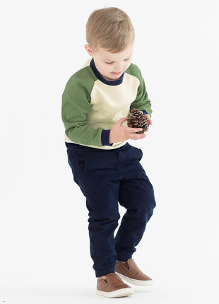 Boy wearing Rufflebutts + Ruggedbutts Boys Navy Chino Jogger Pant