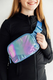 Model Wearing Mila & Rose Periwinkle Iridescent Belt Bag