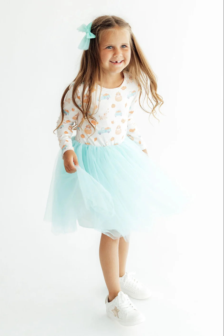 Model Wearing Mila & Rose Pumpkin Spice Pups Tutu Dress
