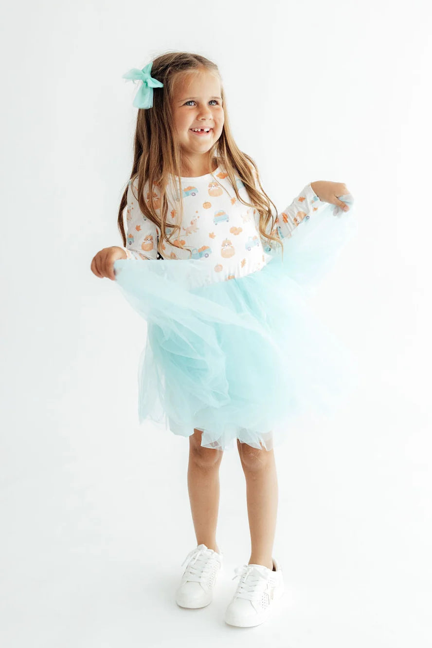 Model Wearing Mila & Rose Pumpkin Spice Pups Tutu Dress