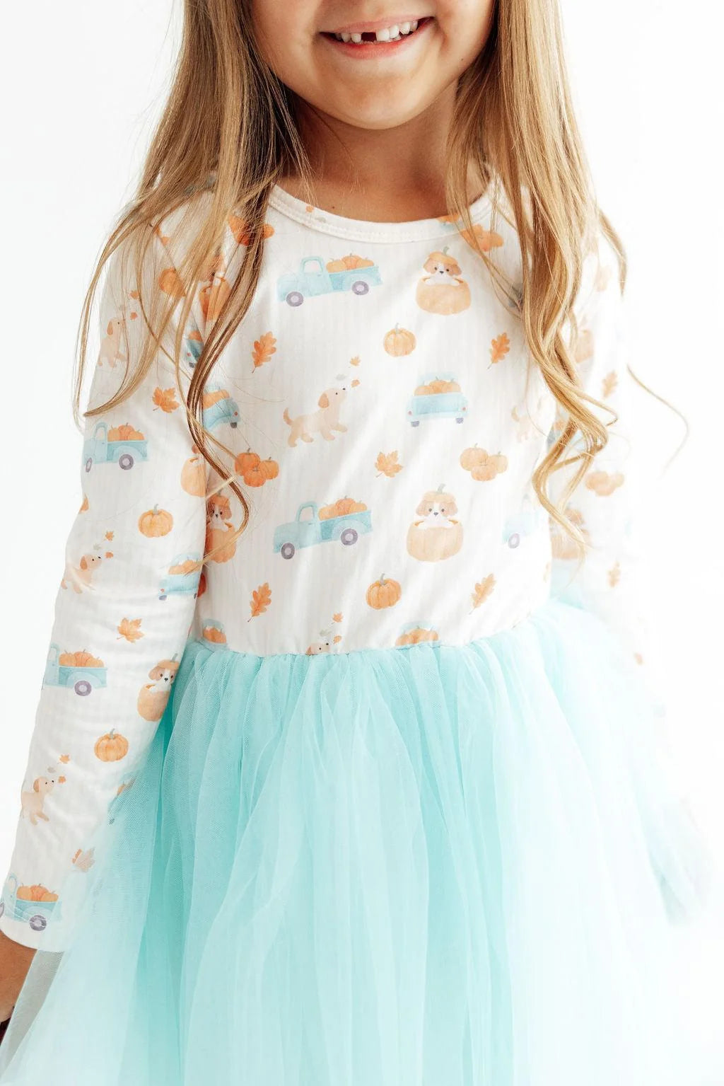 Model Wearing Mila & Rose Pumpkin Spice Pups Tutu Dress