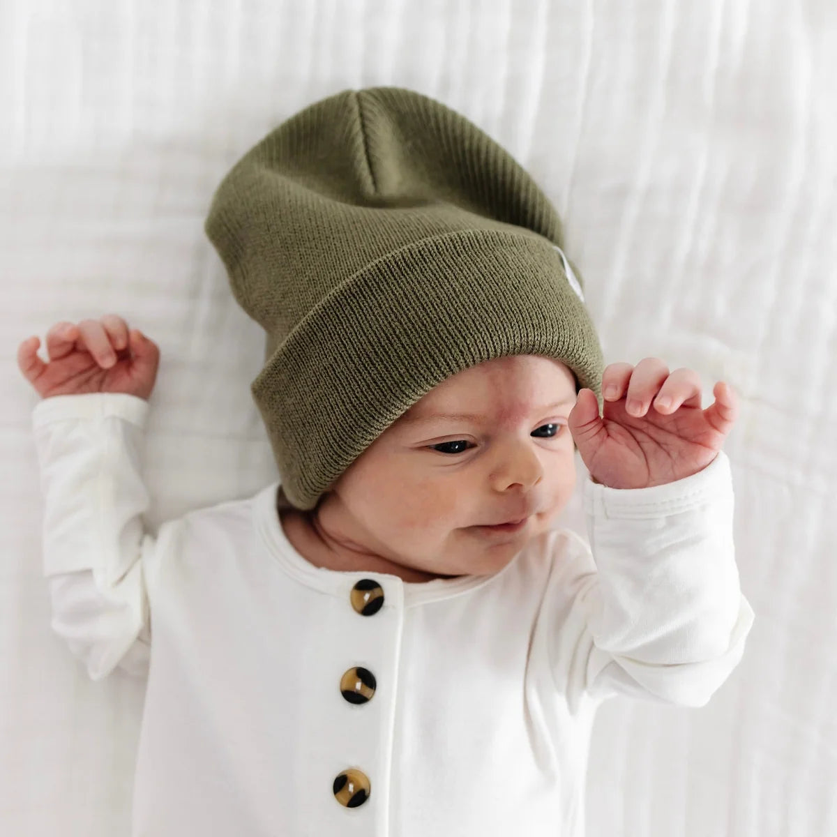 Model Wearing Lou Lou & Company Beanie - Moss Green