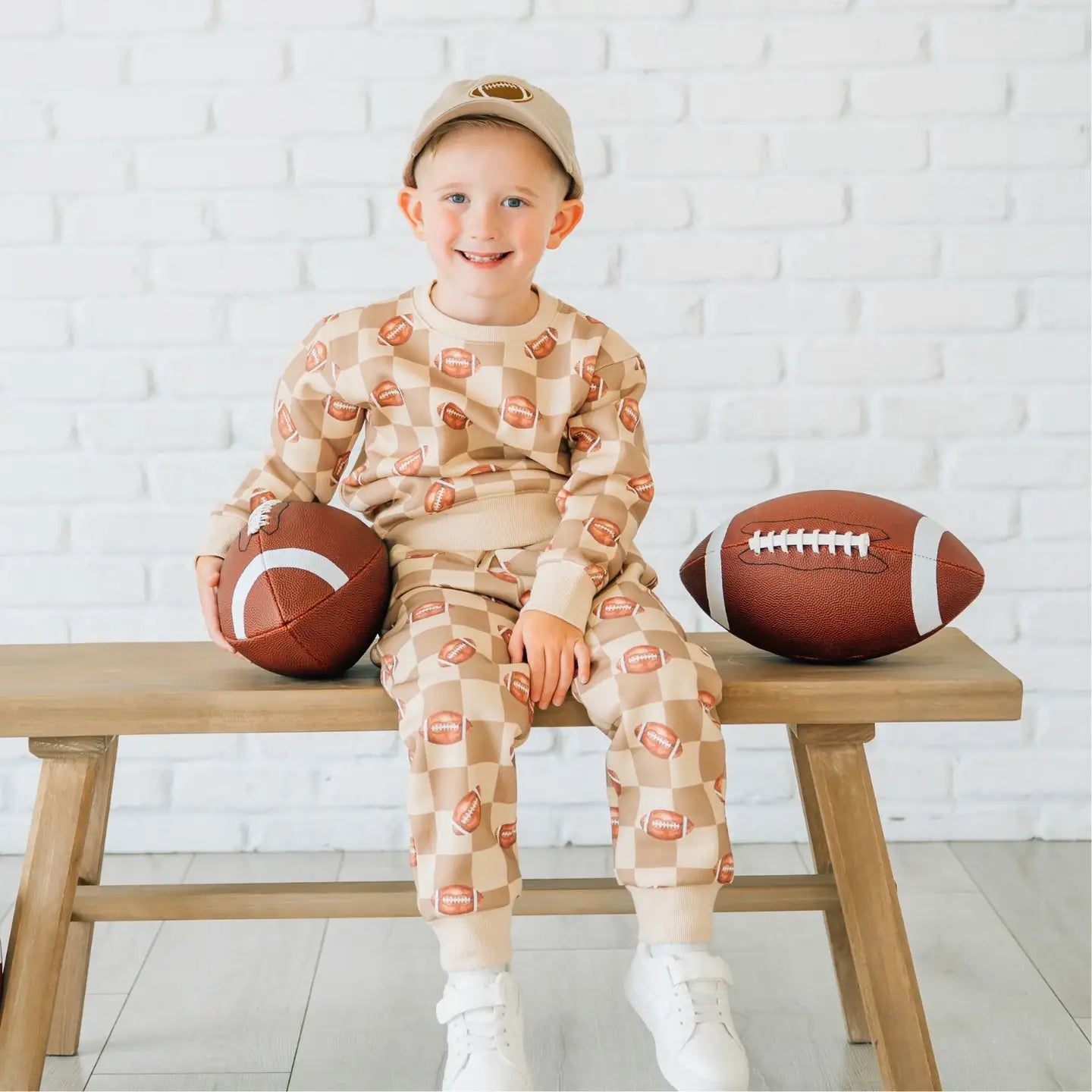 Model Wearing Sweet Winks Football Checkered Jogger & Sweatshirt - Boys Clothing - Game Day