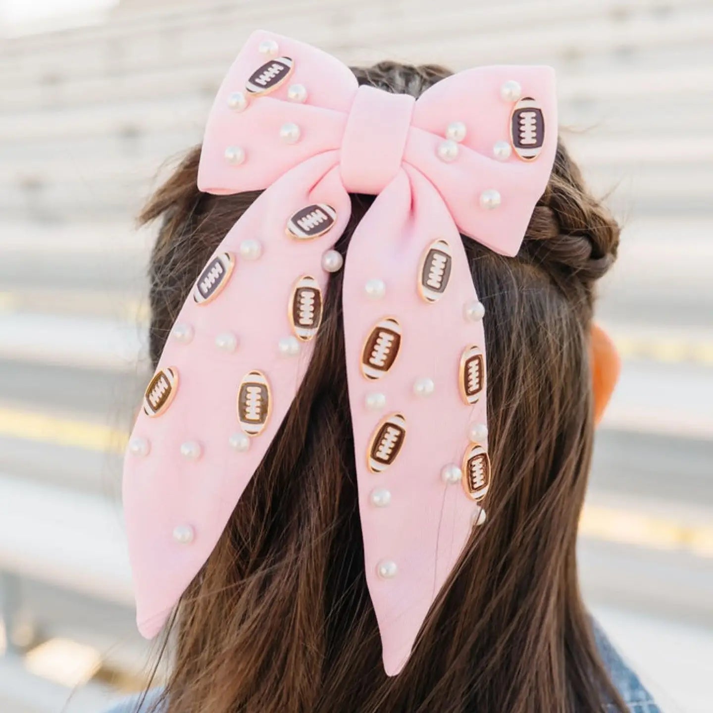 Model Wearing Sweet Wink Football Pearl Bow Clip - Hair Bows - Game Day