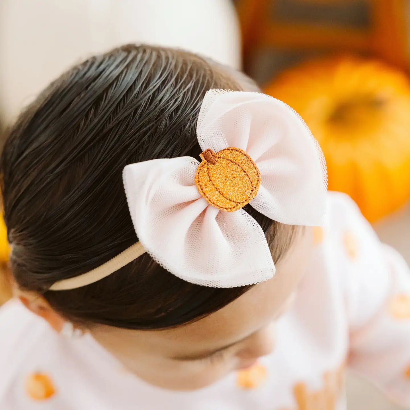 Model Wearing Sweet Wink Pumpkin Tulle Bow Baby Headband - Hair Accessories - Fall