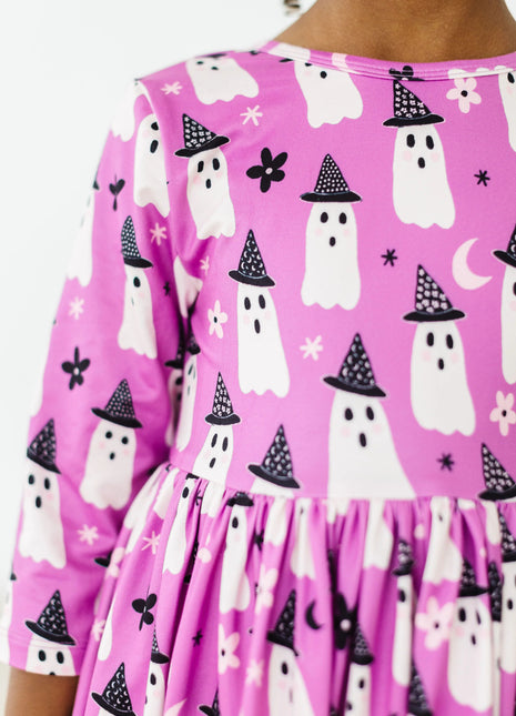 Model Wearing Mila & Rose WITCHES BOO 3/4 SLEEVE POCKET TWIRL DRESS
