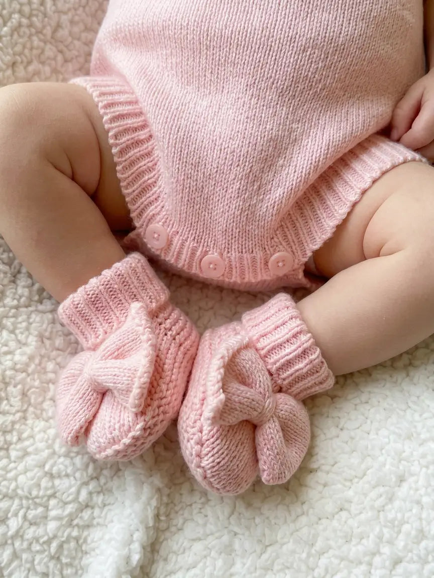 Model Wearing Luna + Luca Bow Booties - Powder Pink