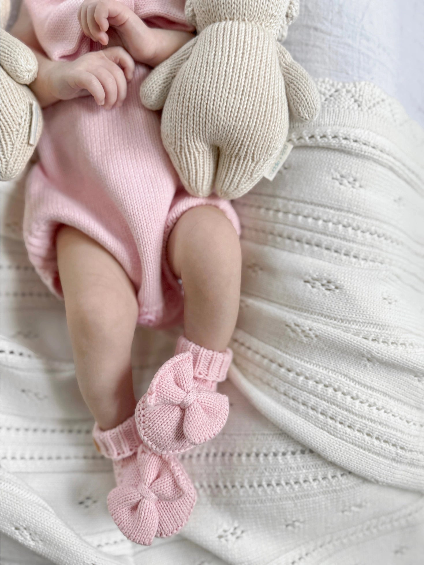 Model Wearing Luna + Luca Bow Booties - Powder Pink