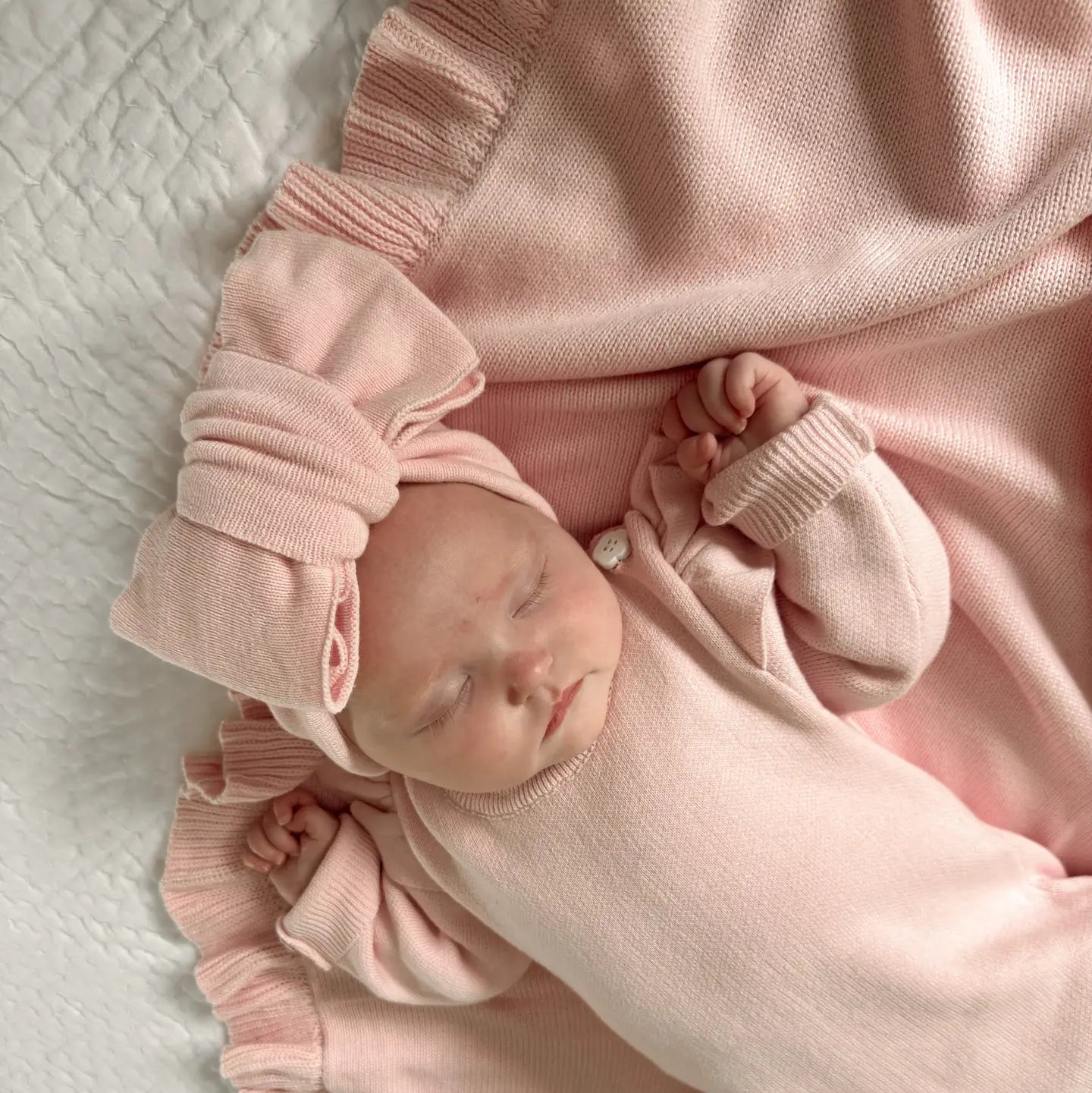 Model Wearing Luna + Luca Classic Bow Headband - Powder Pink