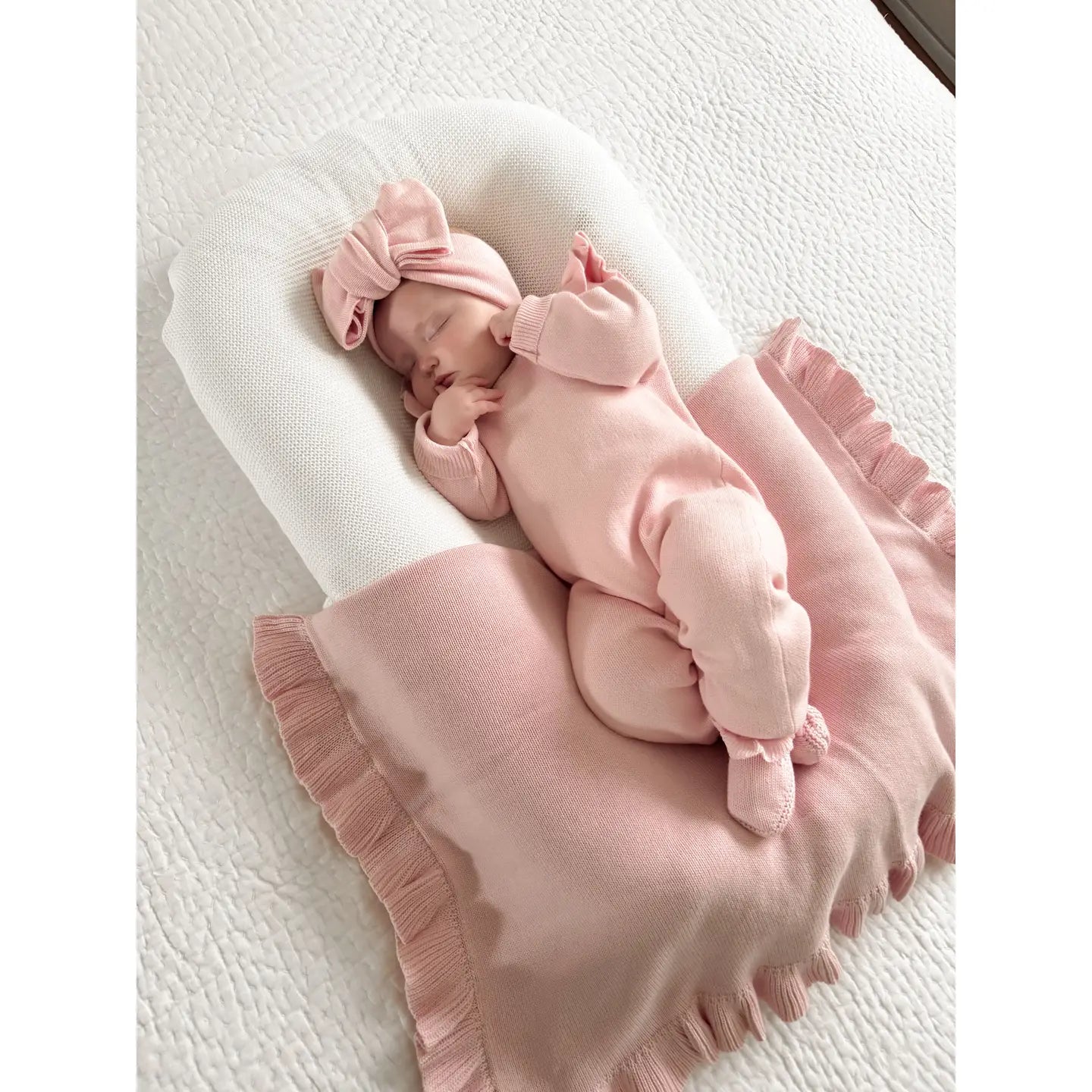 Model Wearing Luna + Luca Classic Bow Headband - Powder Pink