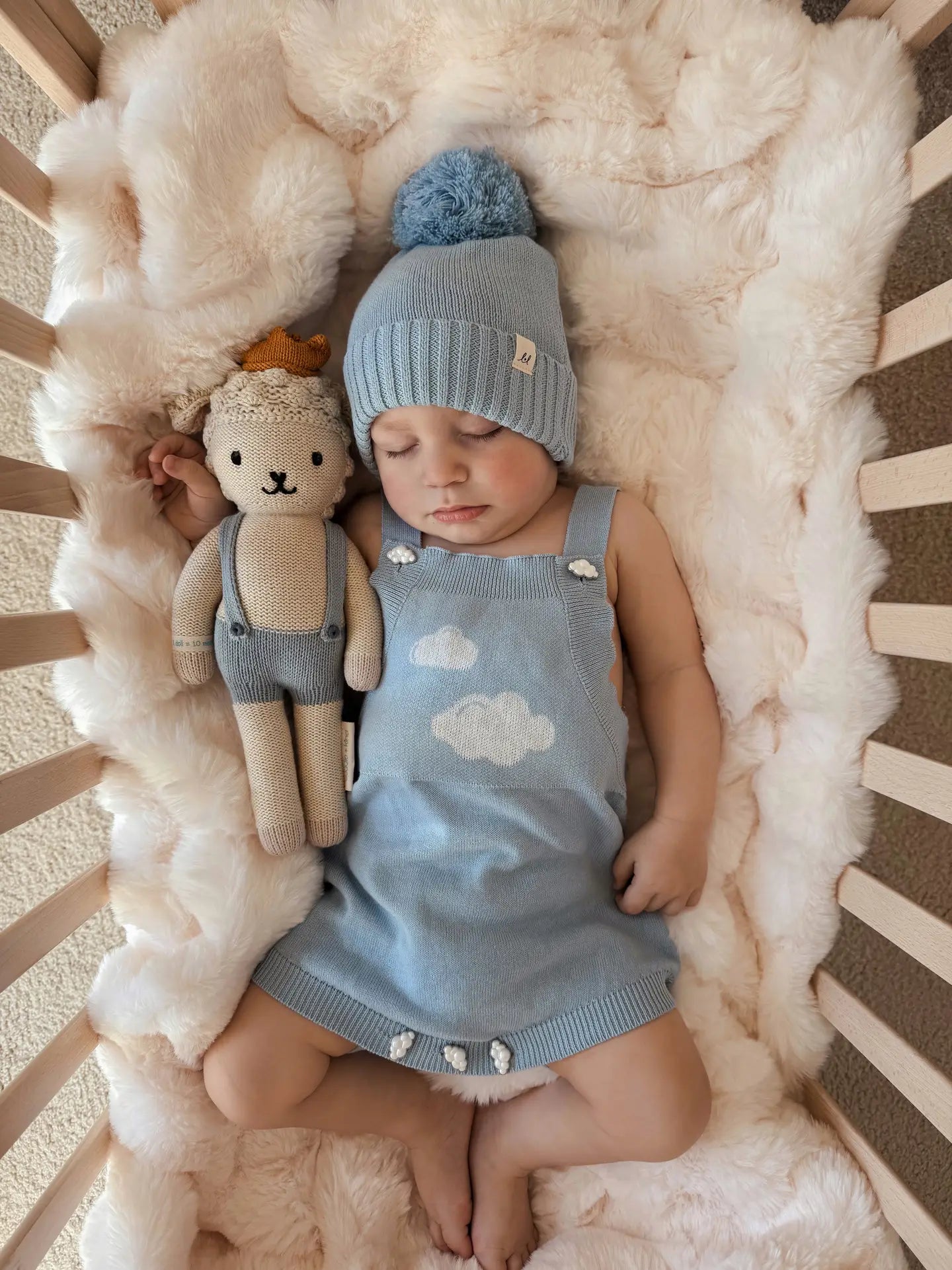 Model Wearing Luna + Luca Cloud Dreams Romper - Powder Blue