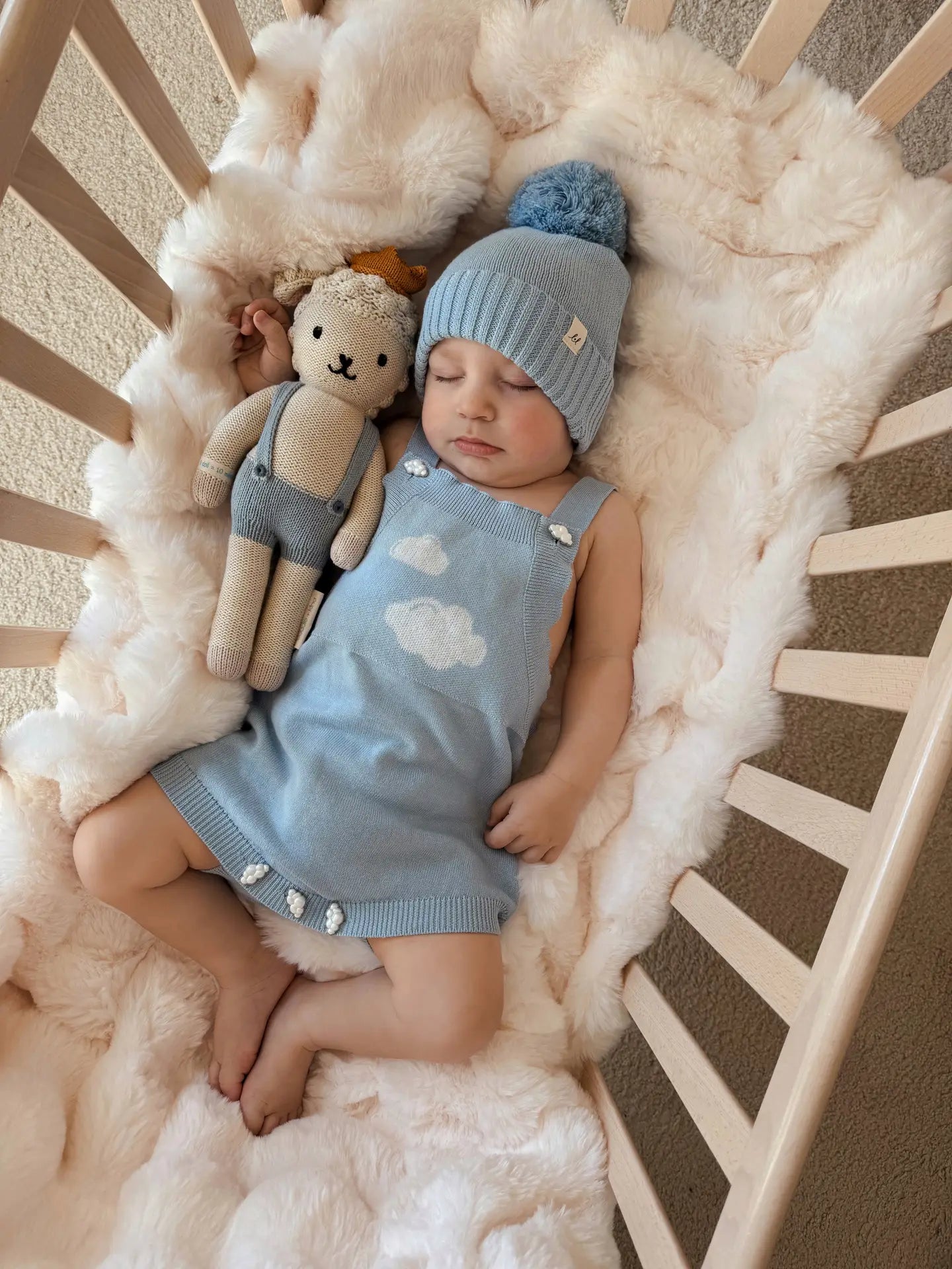 Model Wearing Luna + Luca Cloud Dreams Romper - Powder Blue