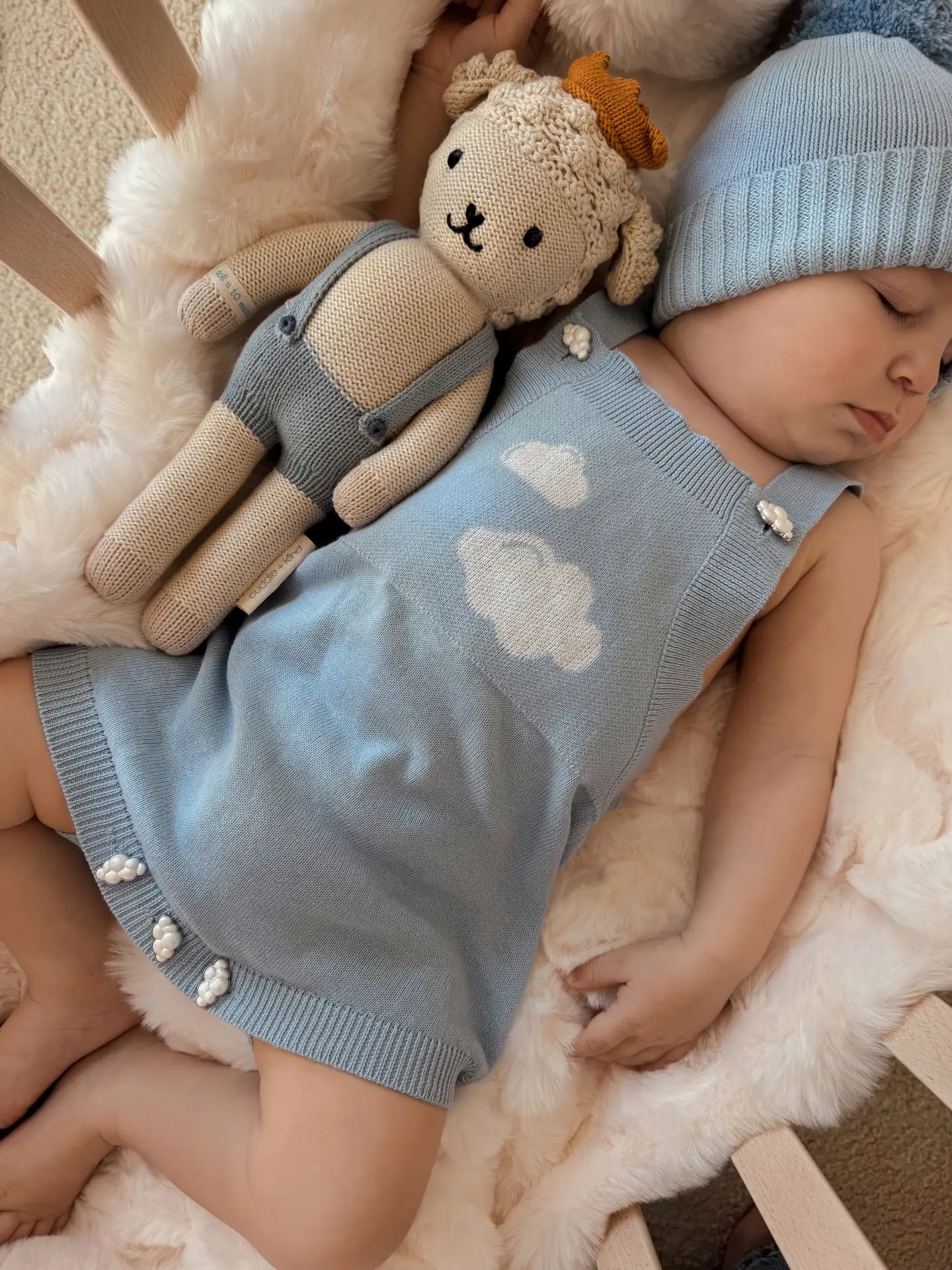 Model Wearing Luna + Luca Cloud Dreams Romper - Powder Blue