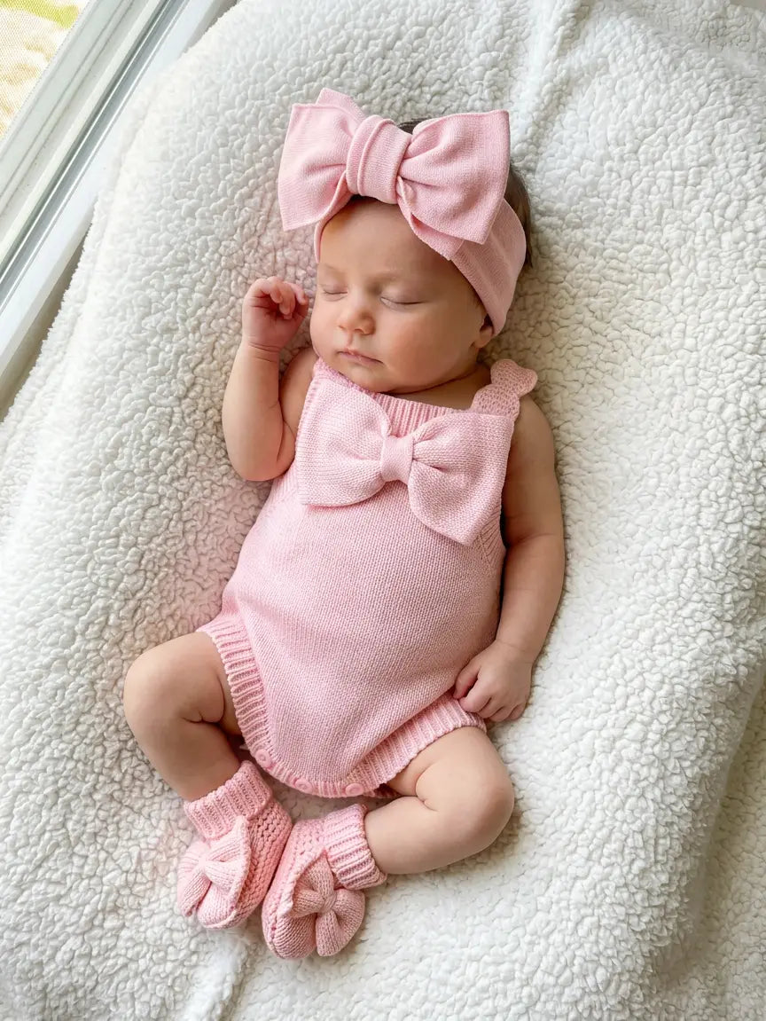 Model Wearing Luna + Luca Oversized Bow Romper - Powder Pink