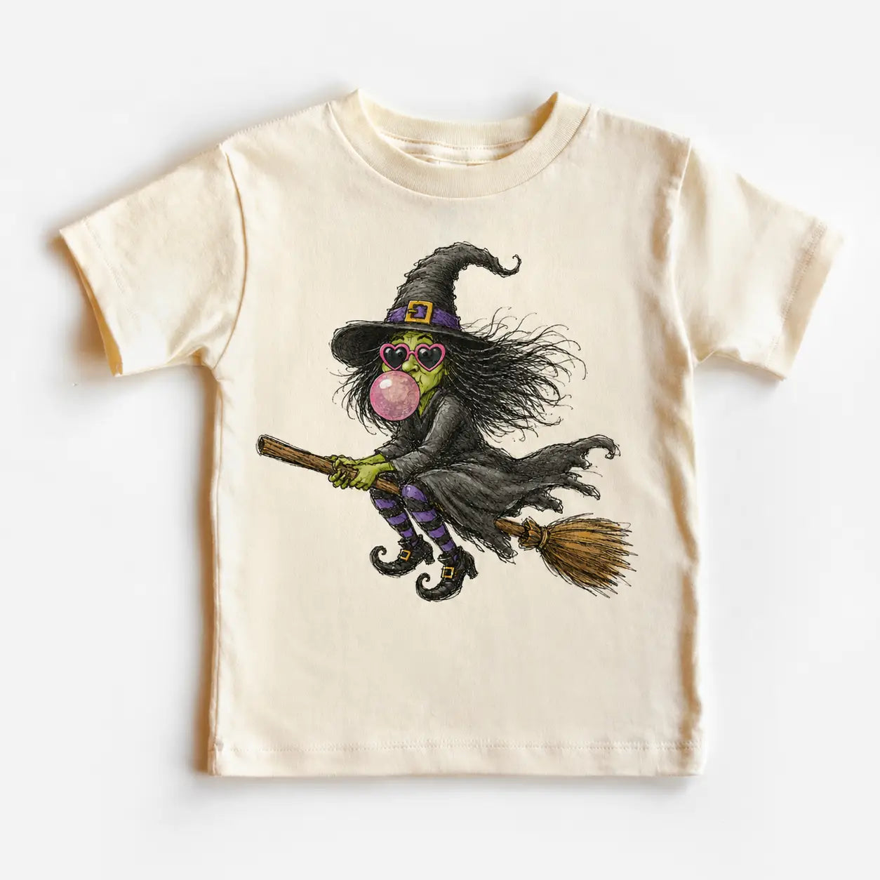Madi Moosh Blowing Blubbles Witch Kids Halloween T-Shirt – Flying Broom Witch Graphic Tee