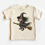 Madi Moosh Blowing Blubbles Witch Kids Halloween T-Shirt – Flying Broom Witch Graphic Tee