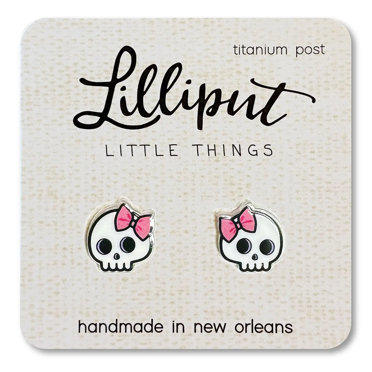 Lilliput Cute Skull Earrings // Skull W Pink Bow