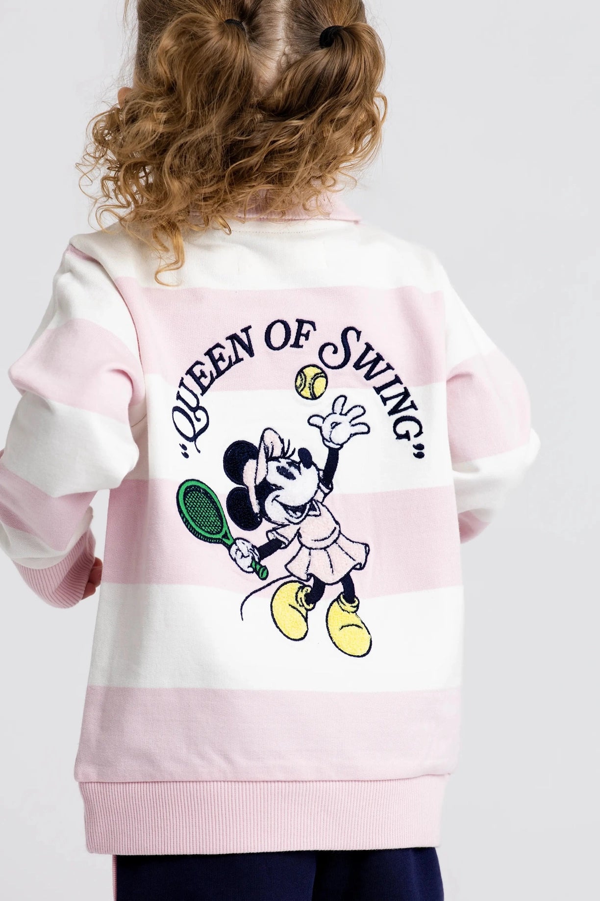 Model Wearing Monica + Andy Quarter Zip Sweatshirt_disney Minnie Mouse Pink Stripe
