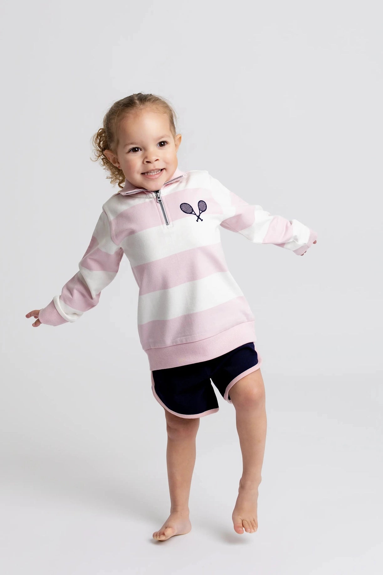 Model Wearing Monica + Andy Quarter Zip Sweatshirt_disney Minnie Mouse Pink Stripe